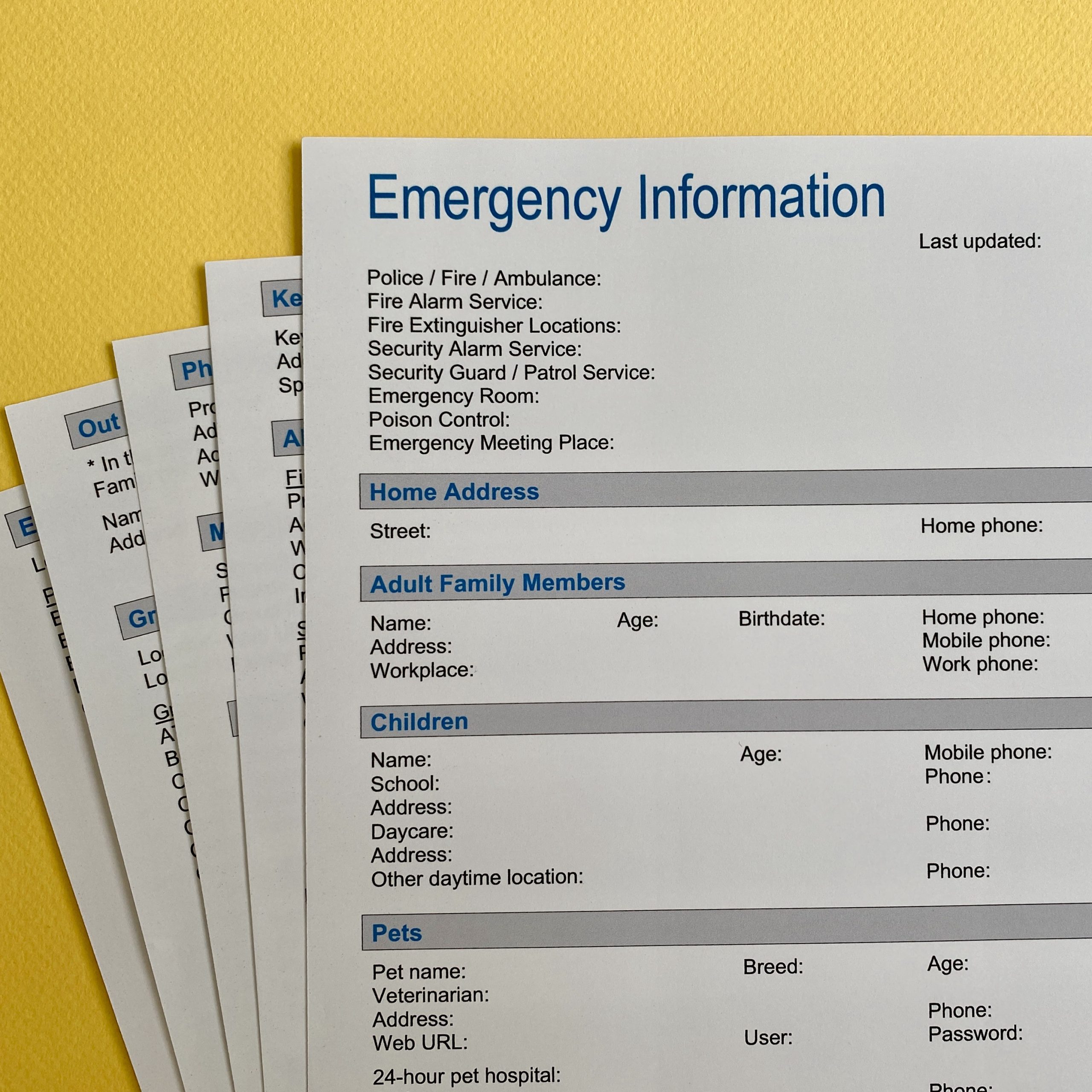 Emergency Information template fanned out on yellow background